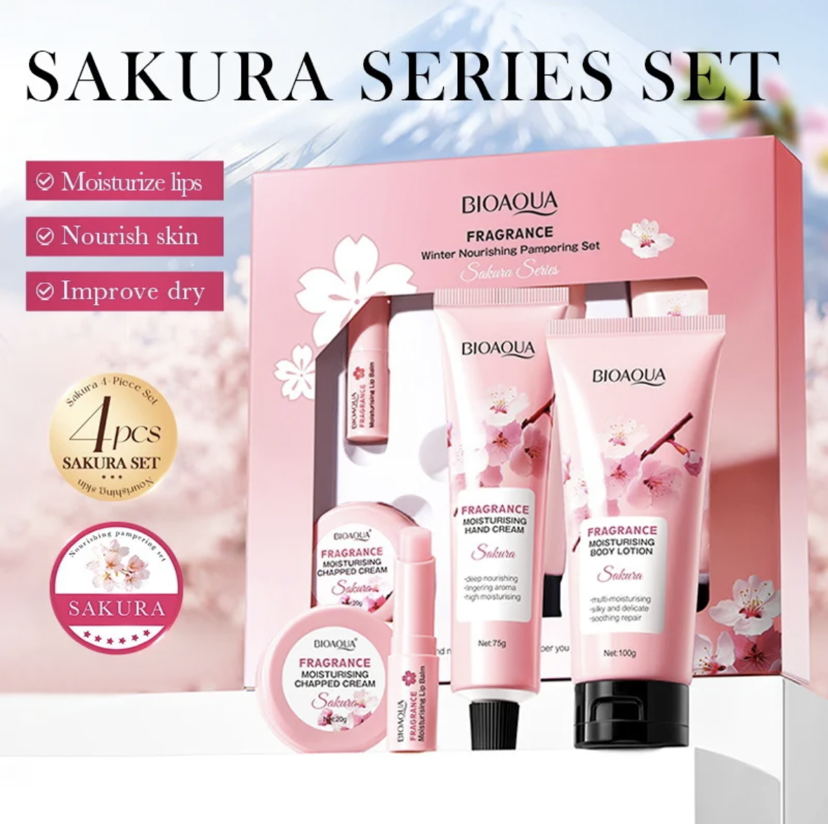 Sakura Series Winter Moisturizing Luxury Set – Body Lotion, Lipstick, Chapped Cream & Hand Cream
