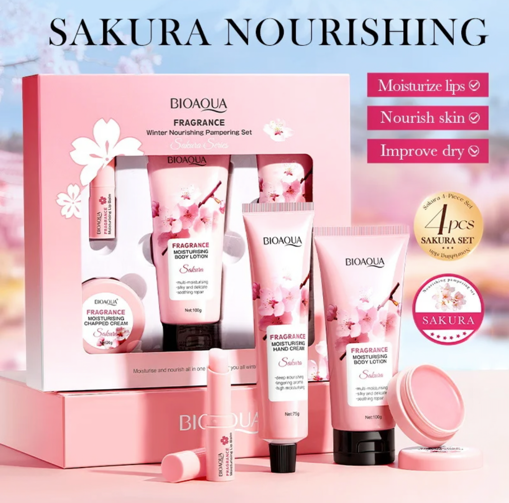 Sakura Series Winter Moisturizing Luxury Set – Body Lotion, Lipstick, Chapped Cream & Hand Cream